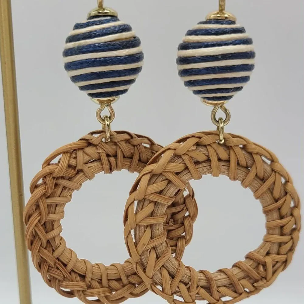 J Crew Rattan Circle Earrings with Blue White Beads Studs